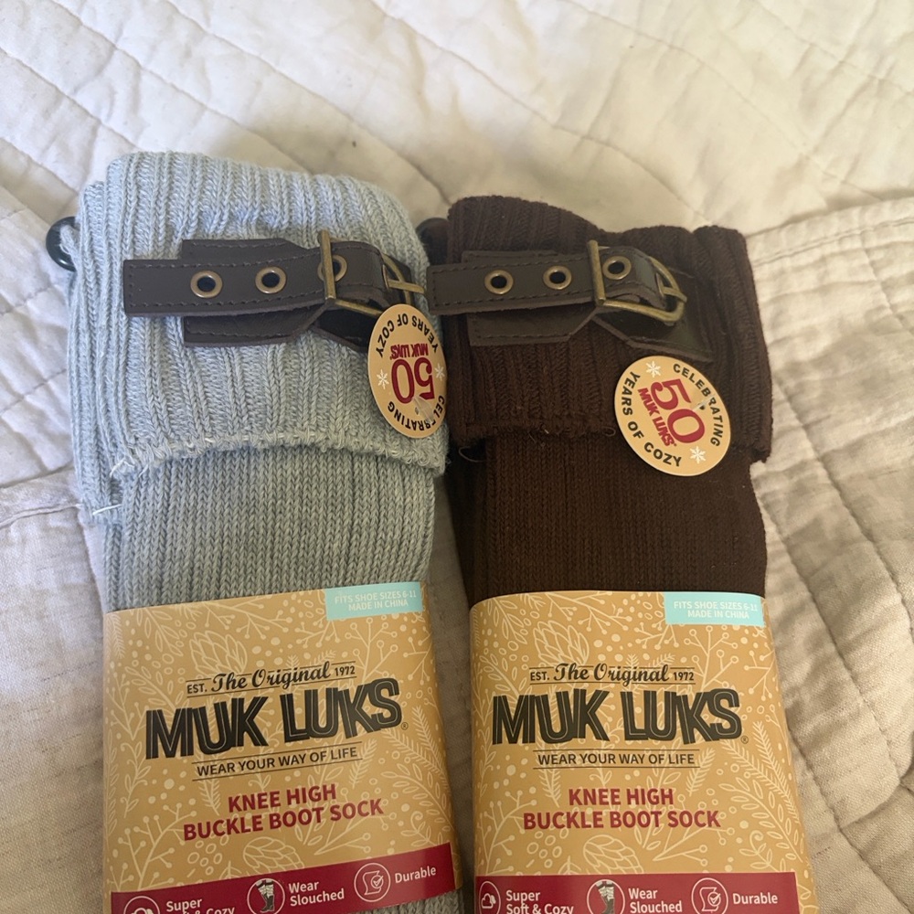 Muk Luks Knee High Buckle Boot Socks - Light Blue and Dark Brown